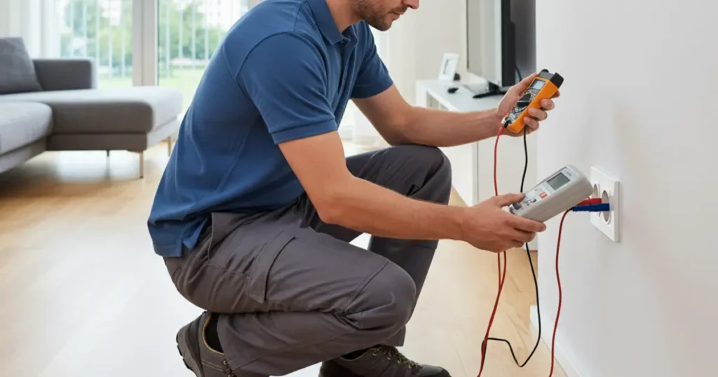 Elektriker führt einen E-Check an einer Steckdose in einer Wohnung durch