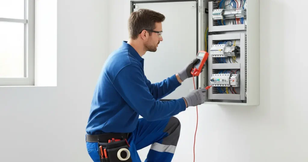 Elektriker arbeitet an einem Sicherungskasten in einem deutschen Wohnhaus