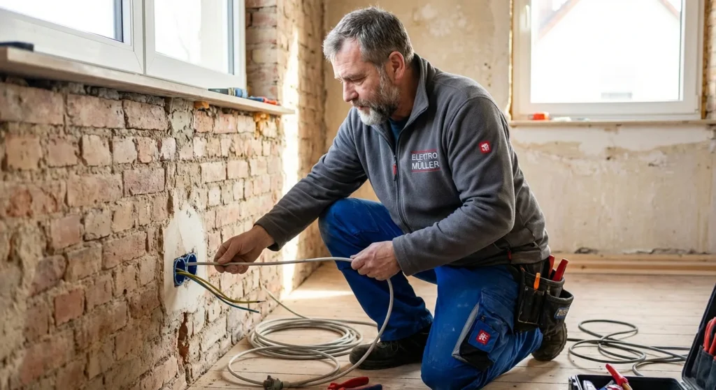 Elektriker bei Elektroinstallation mit Messgerät prüft Sicherungskasten