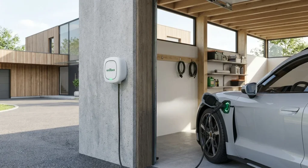 Wallbox-Ladestation an Garagenwand mit angeschlossenem Elektroauto