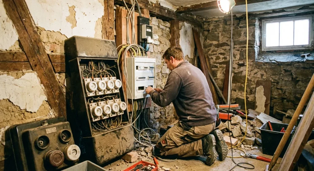 Offene Unterputzdose mit neuen Kabeln während Hauselektrik-Sanierung im Altbau