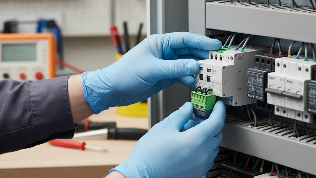 Elektriker installiert KNX-Bussystem im Schaltschrank