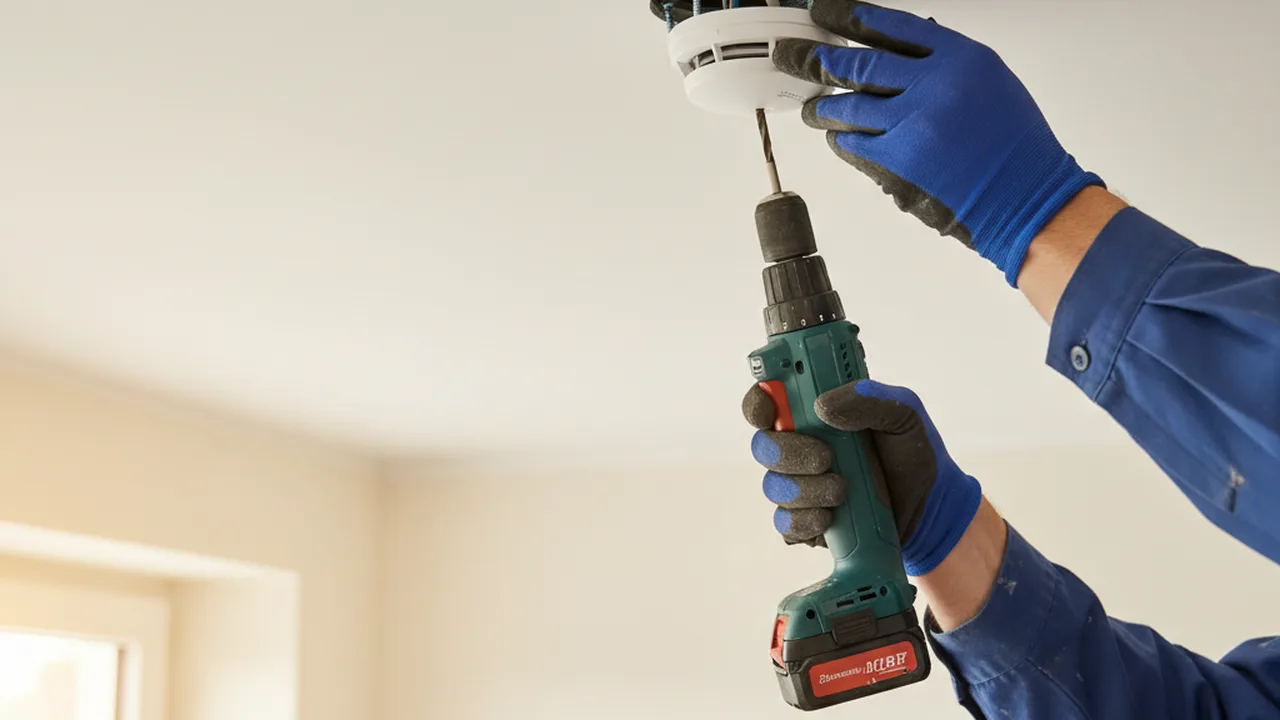 Elektriker installiert Rauchmelder an der Decke