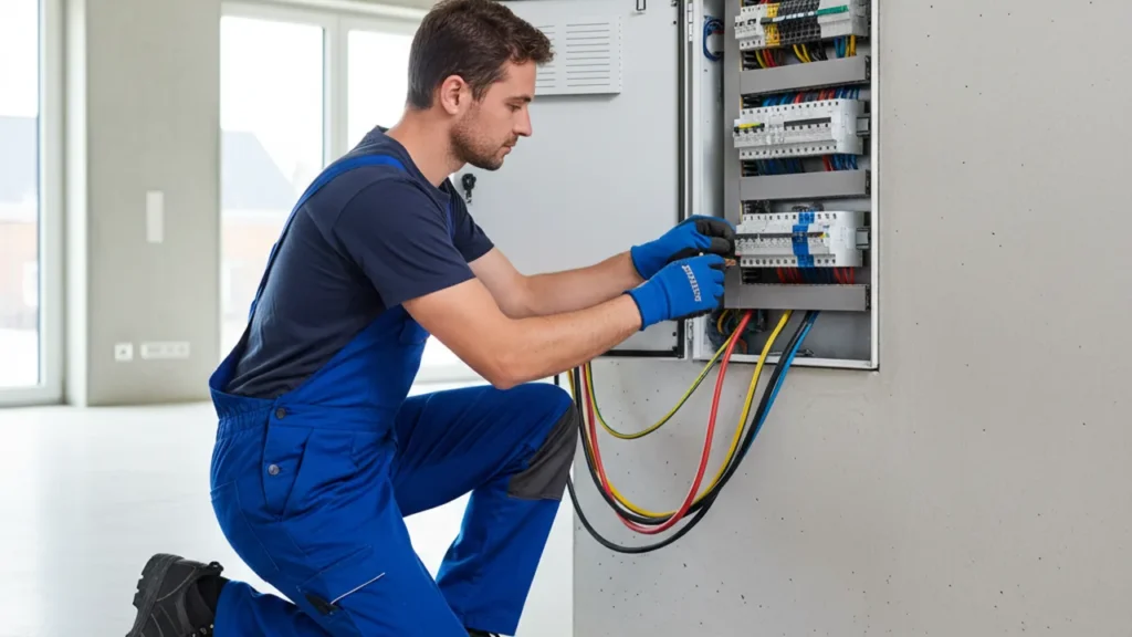 Elektriker installiert Starkstromanschluss am Sicherungskasten