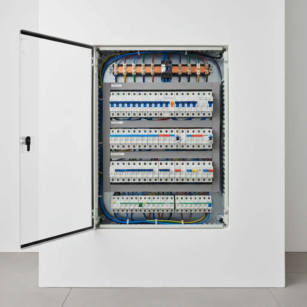 Sicherungskasten mit FI-Schutzschaltern und dreiphasigem Anschluss für Starkstrom