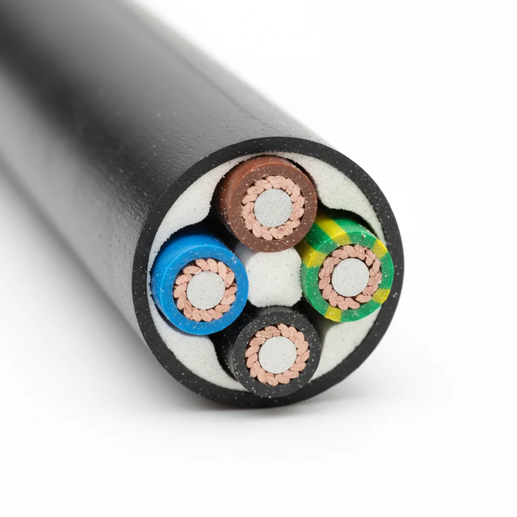 Kabelquerschnitt eines 5-adrigen NYY-J Starkstromkabels mit farbcodierten Kupferleitern