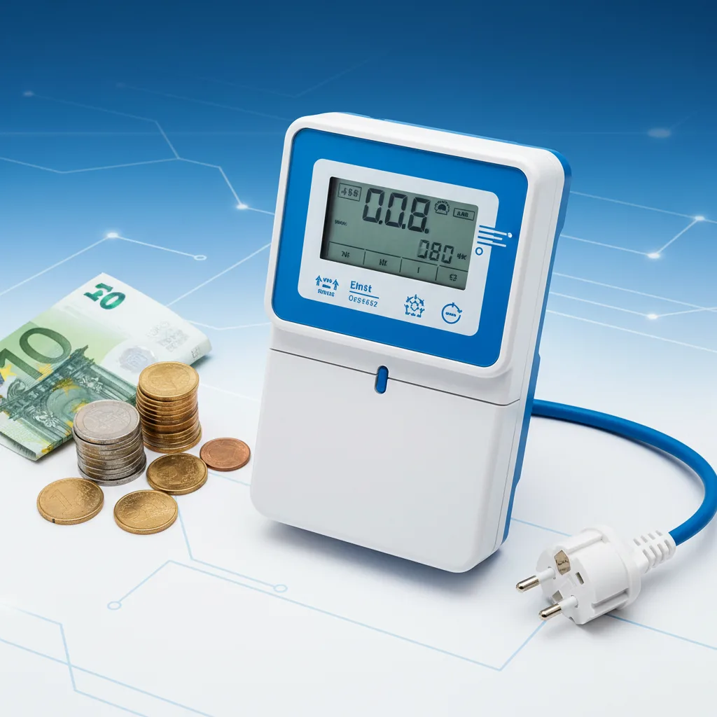 Digitaler Stromzähler mit Euro-Münzen und Stecker zur Stromkostenberechnung