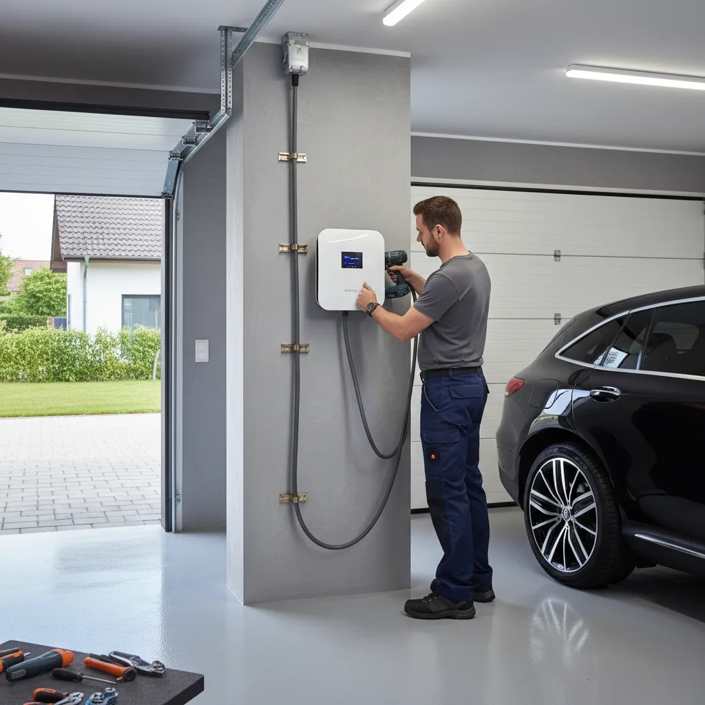 Elektriker installiert eine Wallbox-Ladestation mit Starkstromanschluss in einer Garage