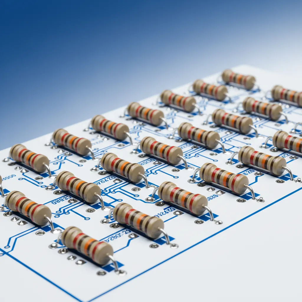 Widerstände mit farbigen Ringen auf einer Platine zur Widerstandsberechnung