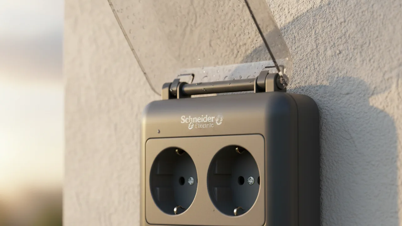 Wetterfeste IP44 Außensteckdose mit Schutzdeckel an einer Hauswand