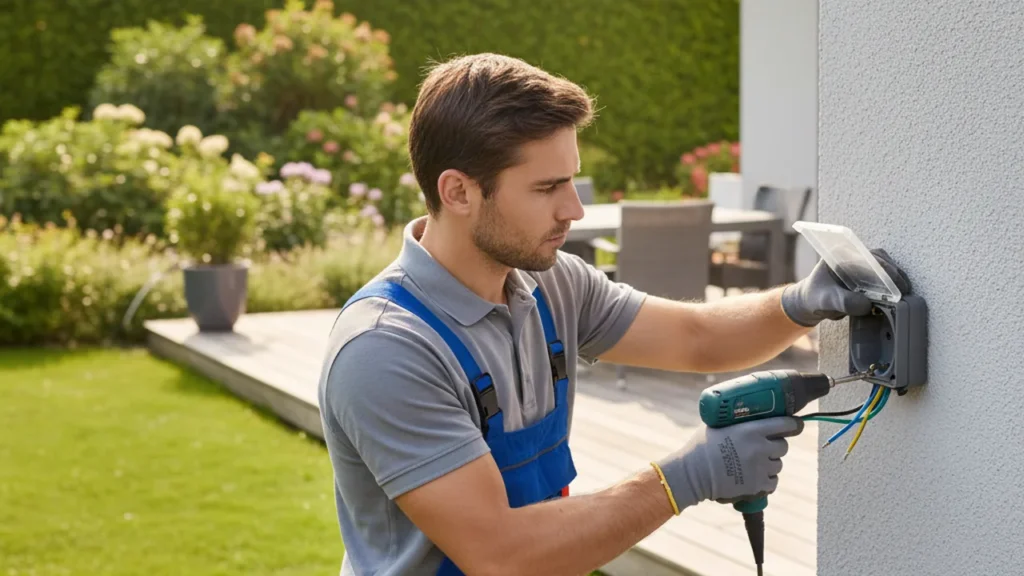 Elektriker installiert eine wetterfeste Außensteckdose an einer Hauswand