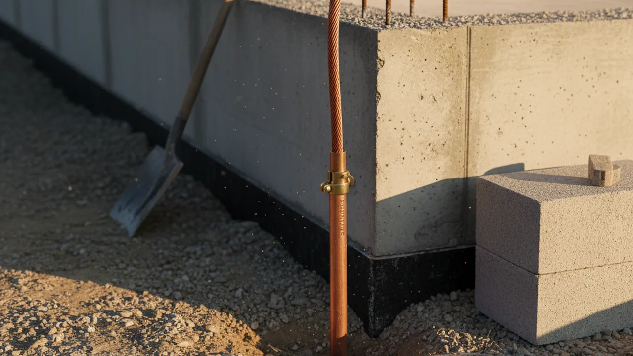 Erdungsstab wird neben einem Hausfundament installiert