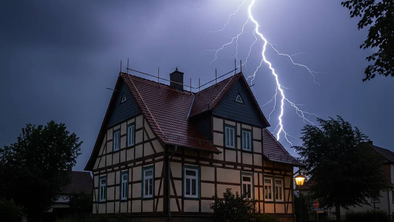 Einfamilienhaus mit Blitzschutzanlage während eines Gewitters