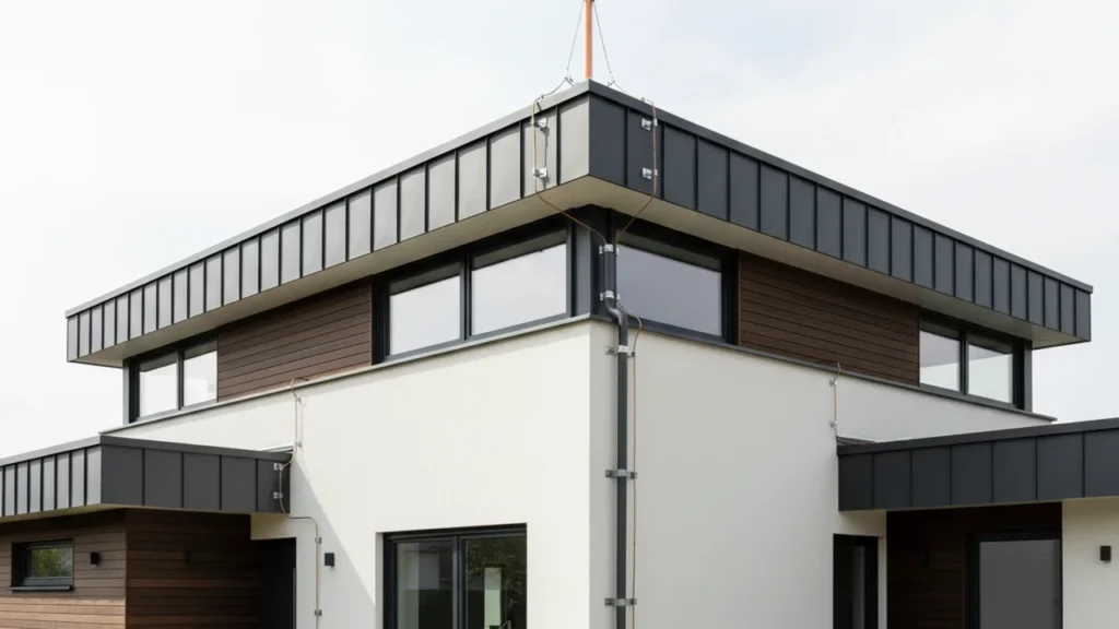 Blitzschutzanlage auf einem deutschen Einfamilienhaus mit Fangstangen auf dem Dach