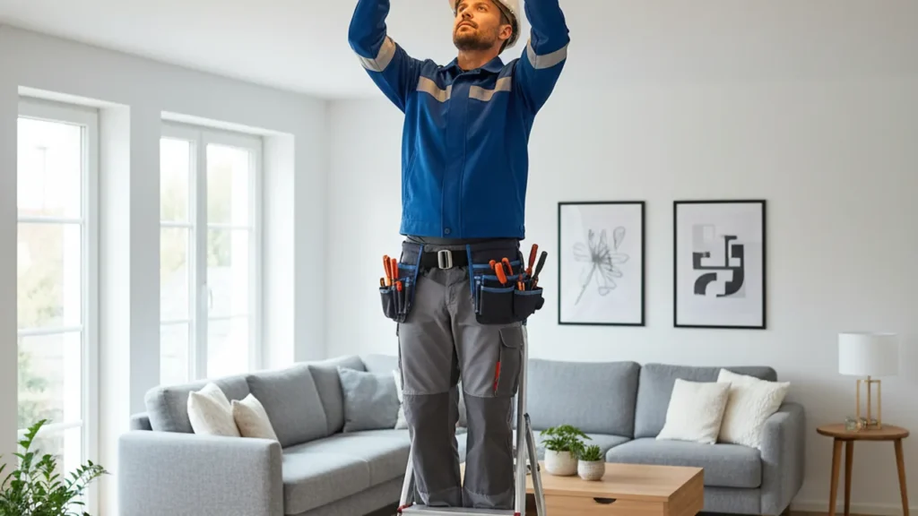Elektriker installiert eine moderne Deckenlampe im Wohnzimmer