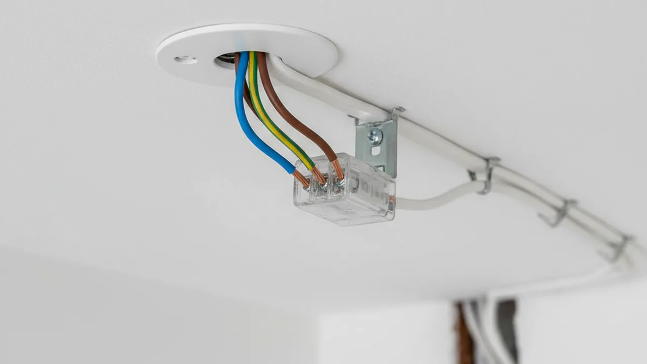 Drei Kabel an der Decke: Phase, Nullleiter und Schutzleiter für Lampenanschluss