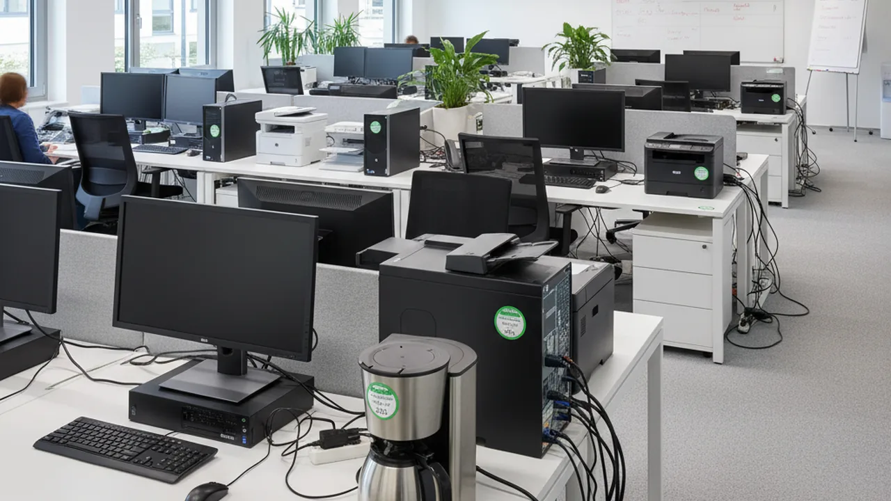 Bürogeräte mit Prüfplakette nach bestandener DGUV V3 Prüfung