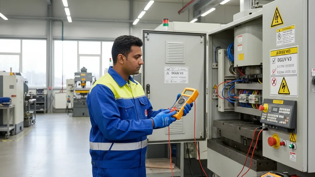 Elektroprüfung nach DGUV V3: Elektriker prüft Betriebsmittel mit Messgerät