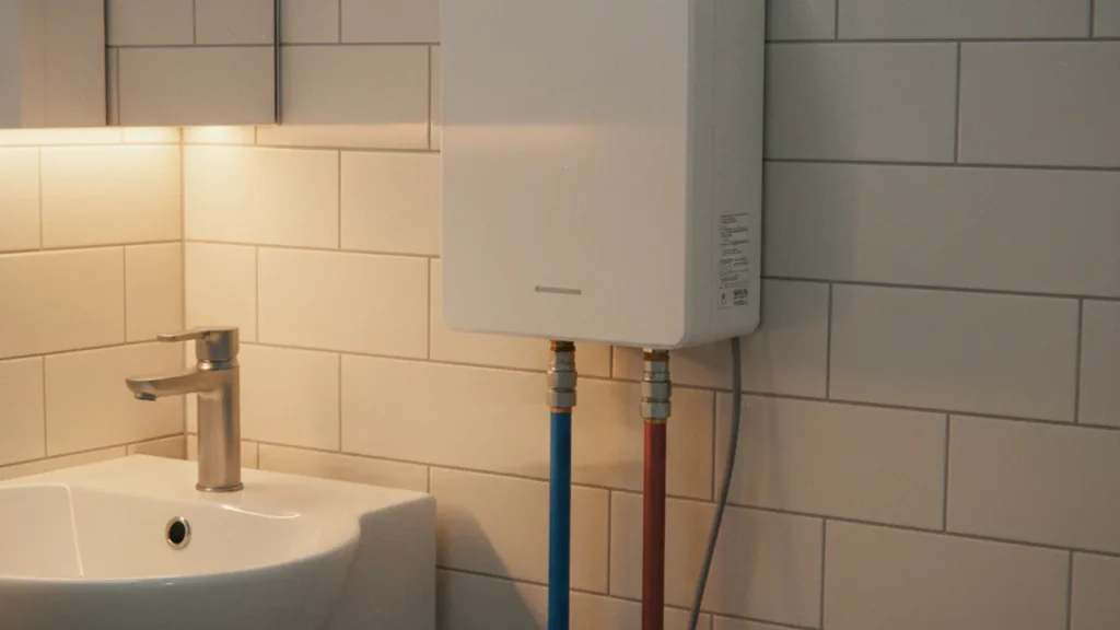 Durchlauferhitzer an Badezimmerwand montiert mit Wasseranschlüssen