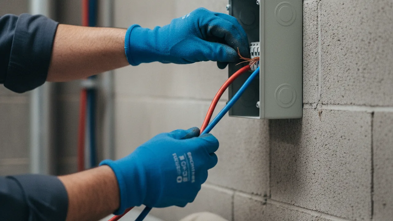 Elektriker schließt Starkstromkabel für Durchlauferhitzer an