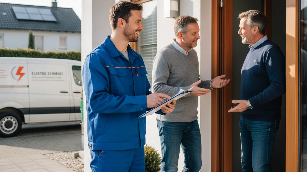 Elektriker bespricht Kostenaufstellung mit Hausbesitzer an der Haustür