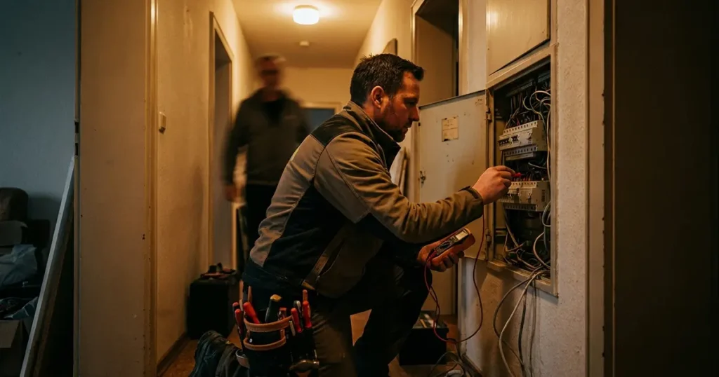 Elektriker untersucht Sicherungskasten in einem Wohnhaus in Cottbus