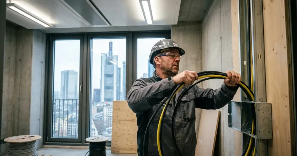 Zertifizierter Elektriker bei der Installation von Elektroleitungen in Frankfurt