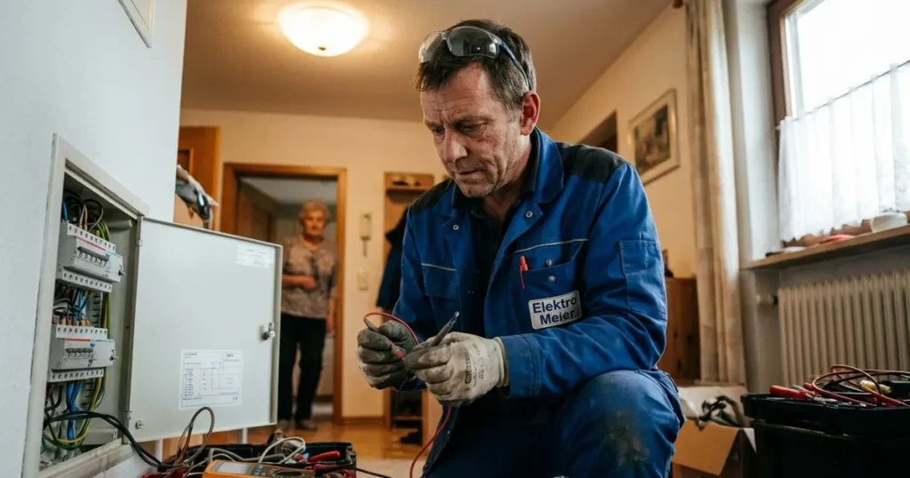 Elektriker in Ingolstadt überprüft Sicherungskasten in einem Wohnhaus