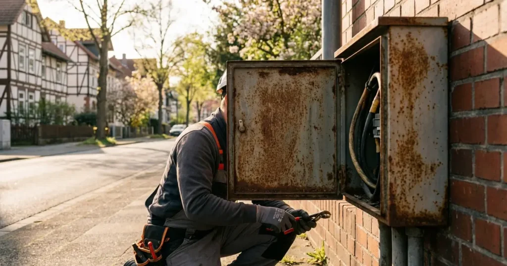Elektriker wechselt Verteilerkasten in Kasseler Wohngebiet