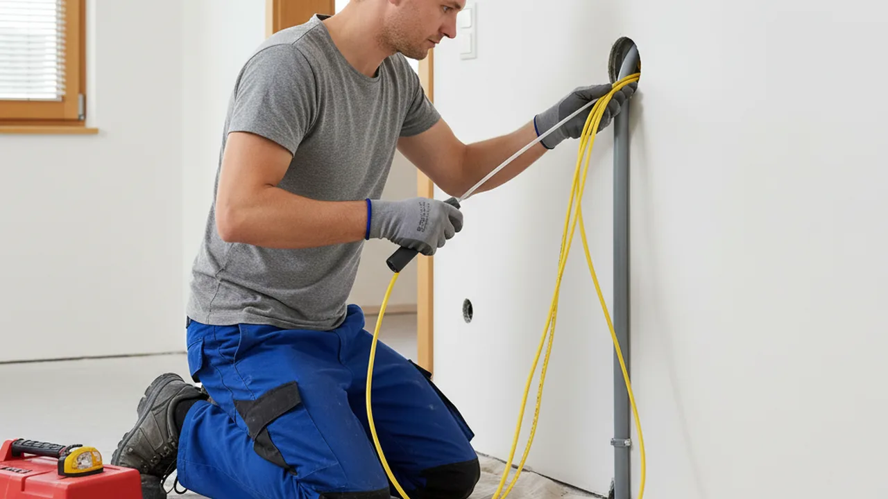 Elektriker zieht Netzwerkkabel durch Leerrohr in der Wand