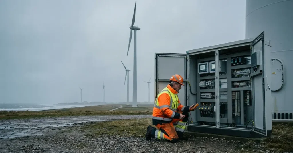 Elektriker arbeitet an Windkraftanlagen-Schaltschrank in Norddeutschland