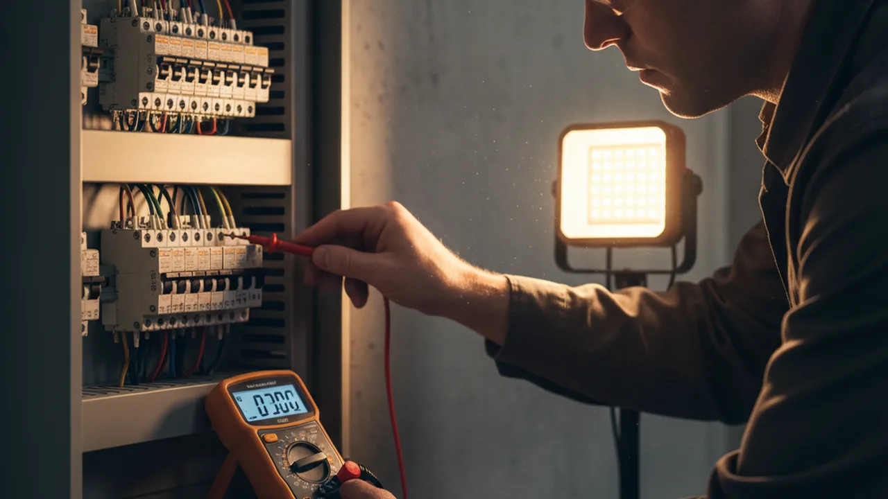 Elektriker prüft Sicherungskasten mit Multimeter bei Unterverteilung