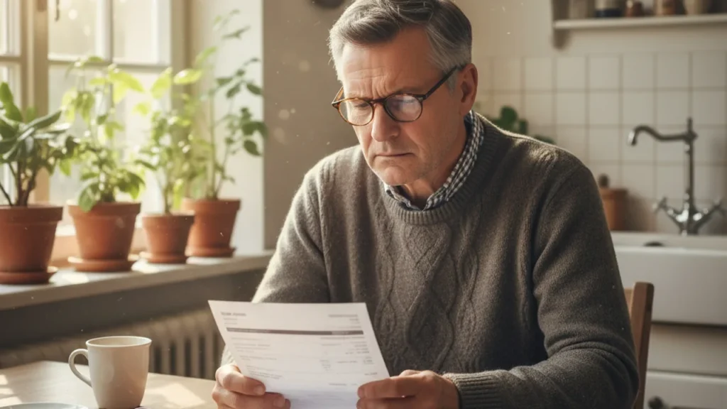 Hausbesitzer prüft Elektriker-Rechnung am Küchentisch