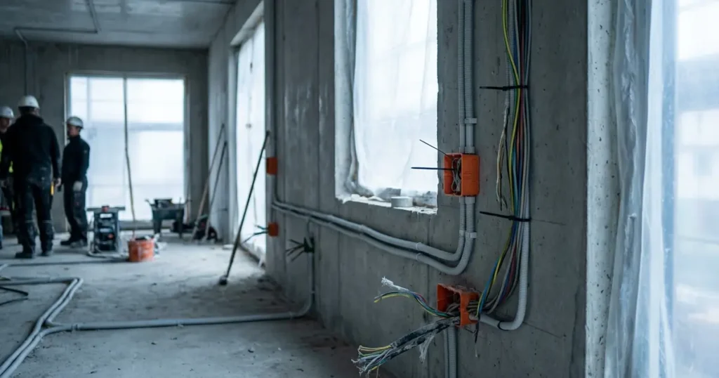 Neue Elektroinstallation im Neubau mit Leerrohren und Verteilerdosen in Betonwänden