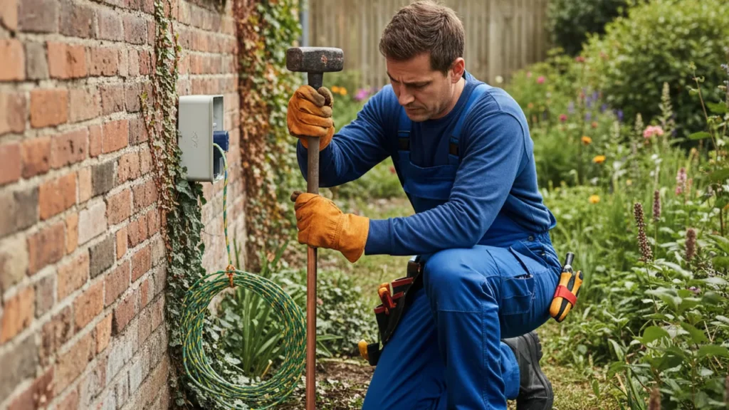 Elektriker installiert Erdungsstab neben Altbau-Fundament