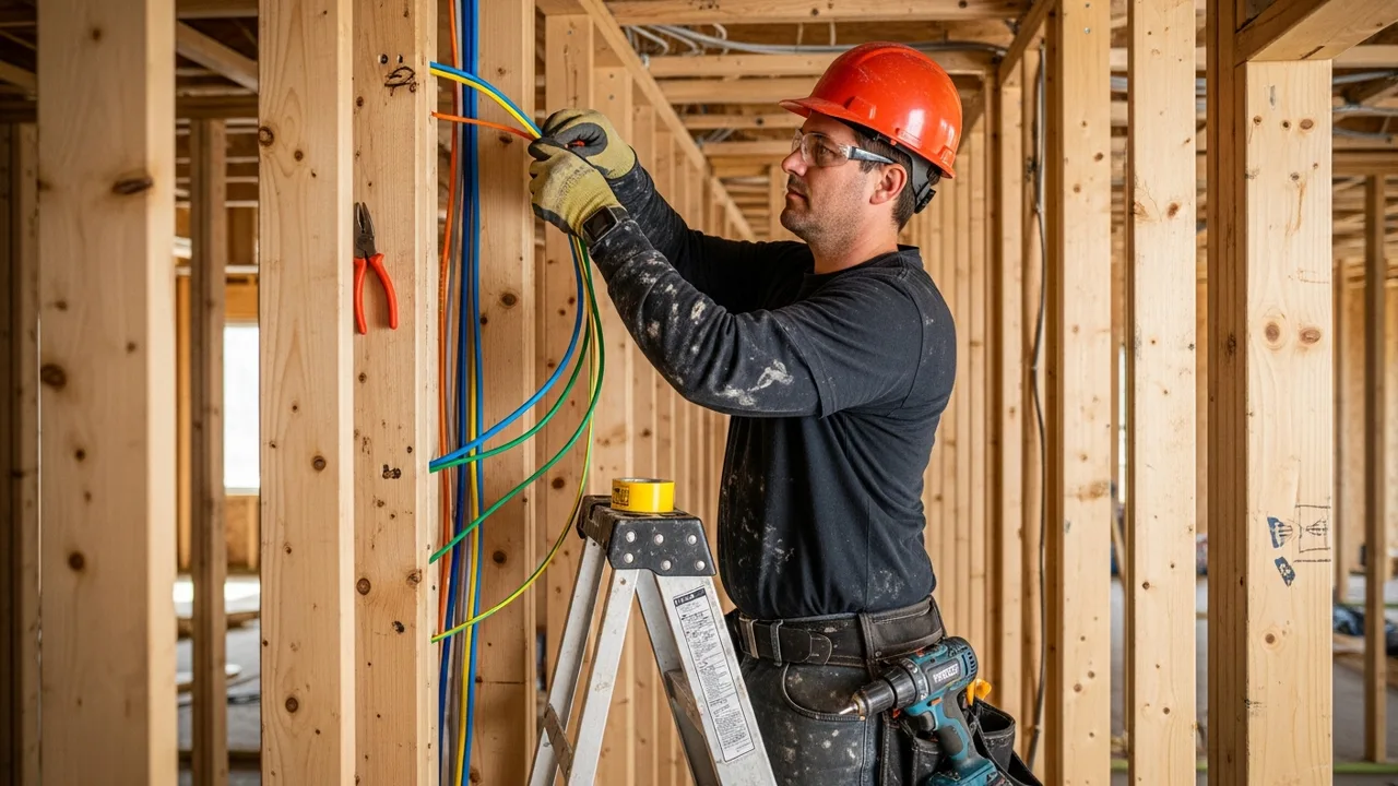Elektriker verlegt KNX Buskabel im Neubau