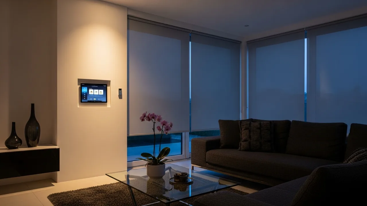 Modernes Wohnzimmer mit automatisierten Rollläden und KNX Smart Home Steuerung