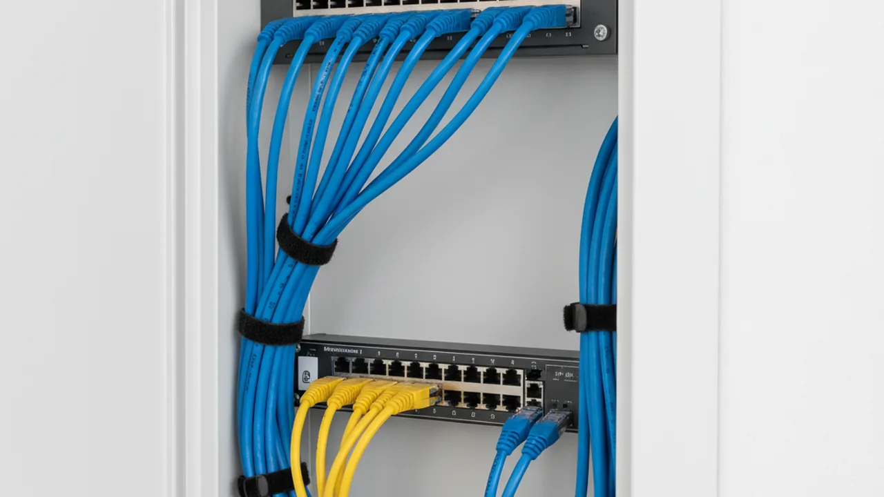 Netzwerk-Patchpanel mit Cat7-Kabeln im Heimnetz-Schrank