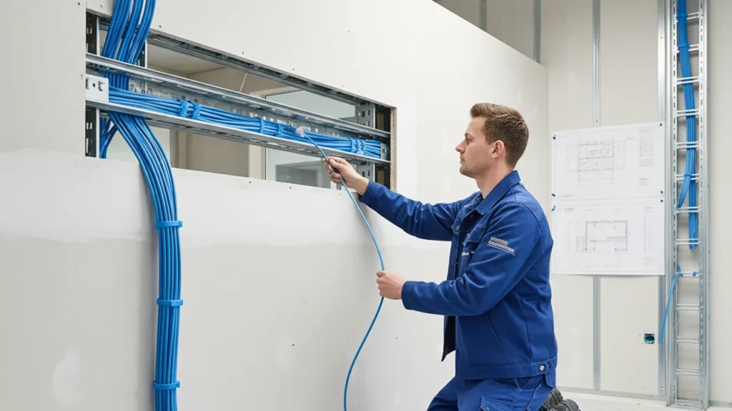 Elektriker verlegt Netzwerkkabel in einem Wohnhaus