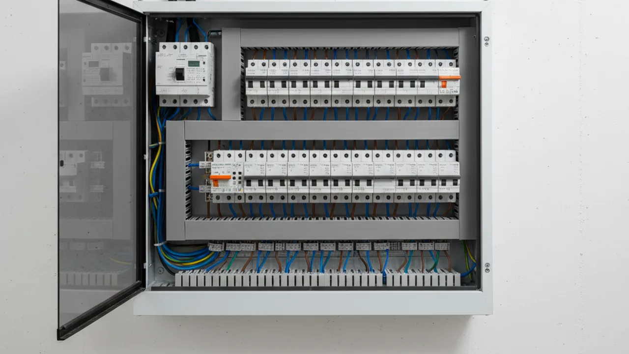 Neue Unterverteilung mit beschrifteten Sicherungsautomaten an weißer Wand