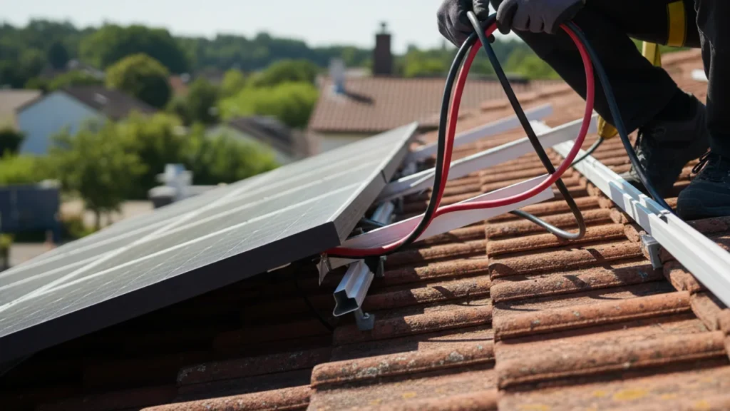 Elektriker schließt Solarkabel auf einem deutschen Hausdach an