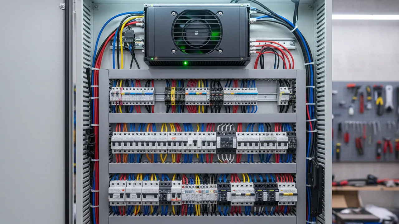 Offener Sicherungskasten mit neuem Solar-Wechselrichter und AC-Trennung