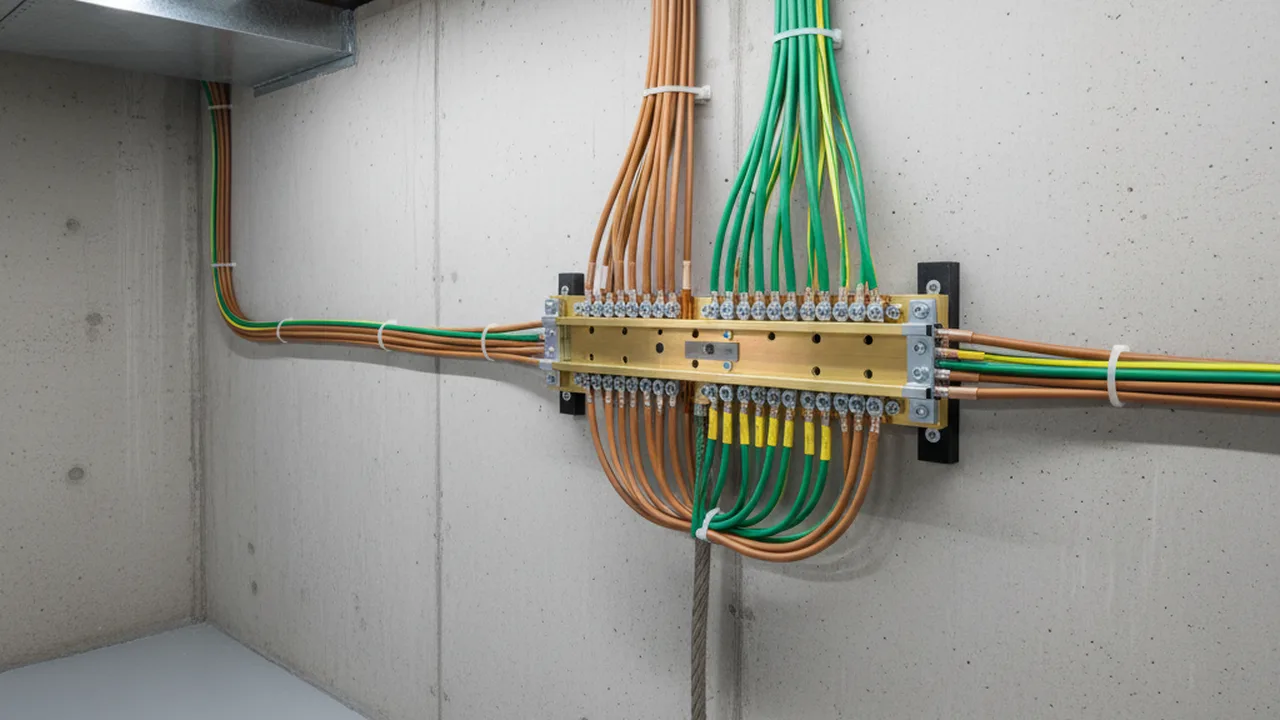 Moderne Potentialausgleichsschiene mit grün-gelben Schutzleitern im Keller installiert