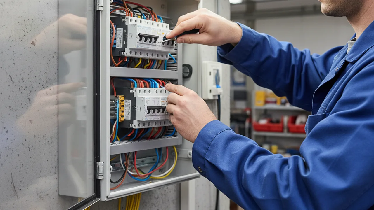 Elektriker installiert neuen Stromkreis im Sicherungskasten für Außensteckdose