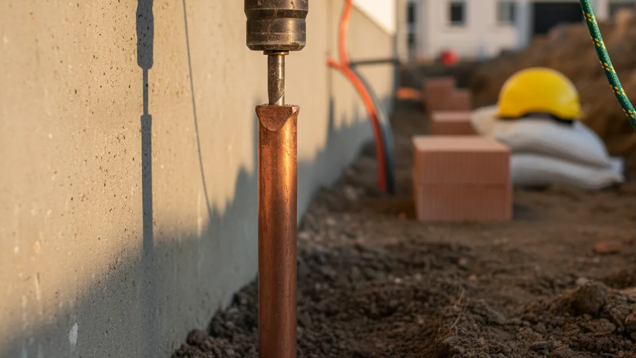 Tiefenerder aus V4A-Edelstahl wird neben dem Fundament in den Boden gerammt