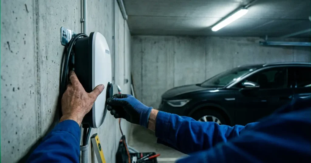 Elektriker installiert Wallbox Ladestation für Elektroauto in privater Garage